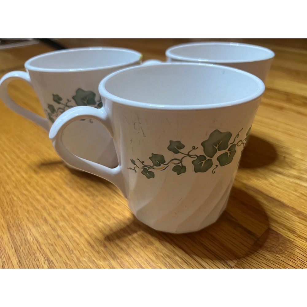 Corning Ware English Ivy Coffee Mugs Set of 3 Swirl Optic White Vitrelle USA